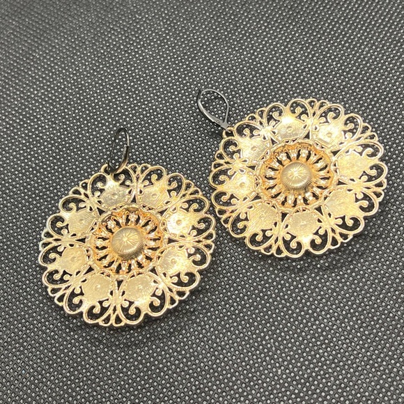 Charming Charlie teal and gold toned round mandala statement earrings - Picture 5 of 6
